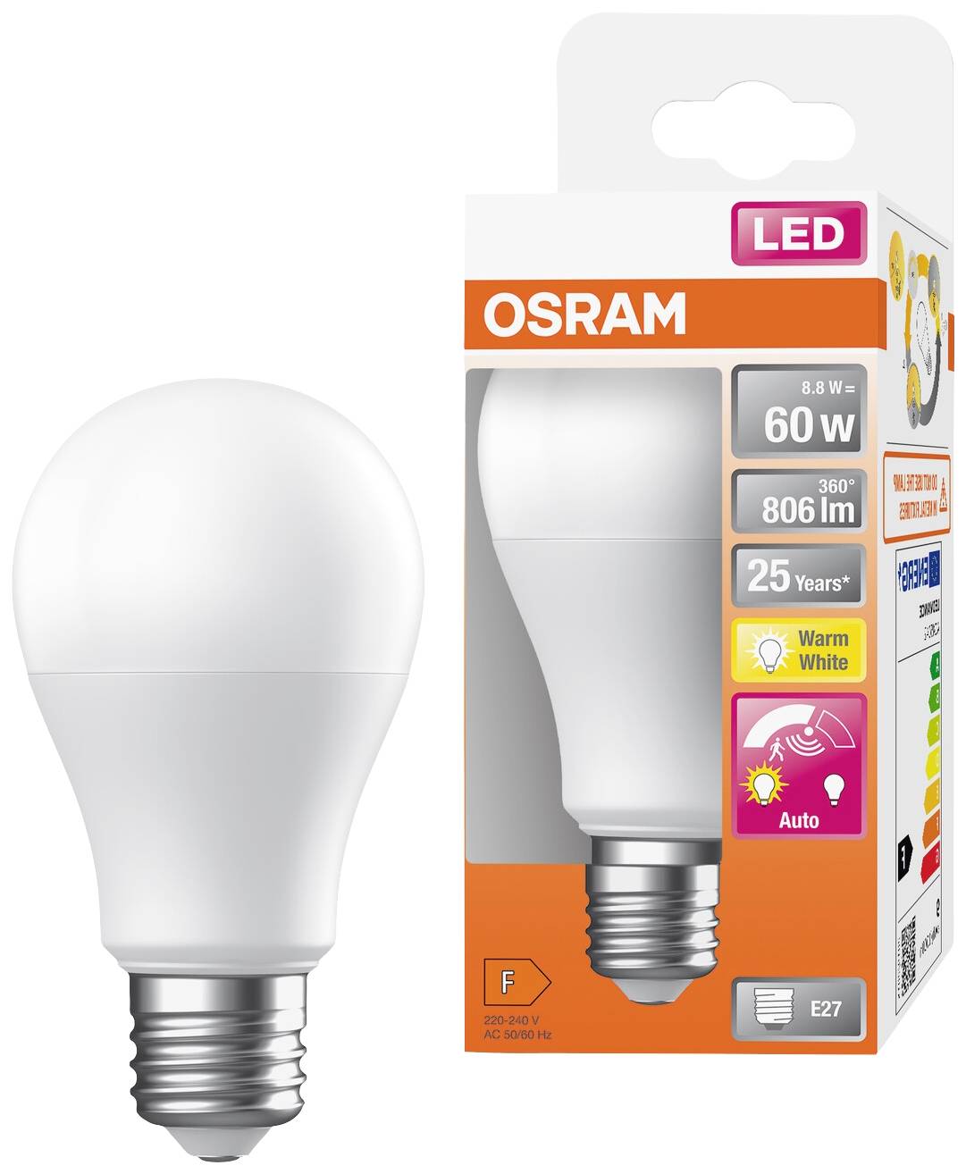 Eine LED-Glühbirne von Osram, 8,8 W, 60 W Ersatz, 806 Lumen, warmweiß, Lebensdauer 25 Jahre, E27-Sockel. Verpackung zeigt Energieklasse F.