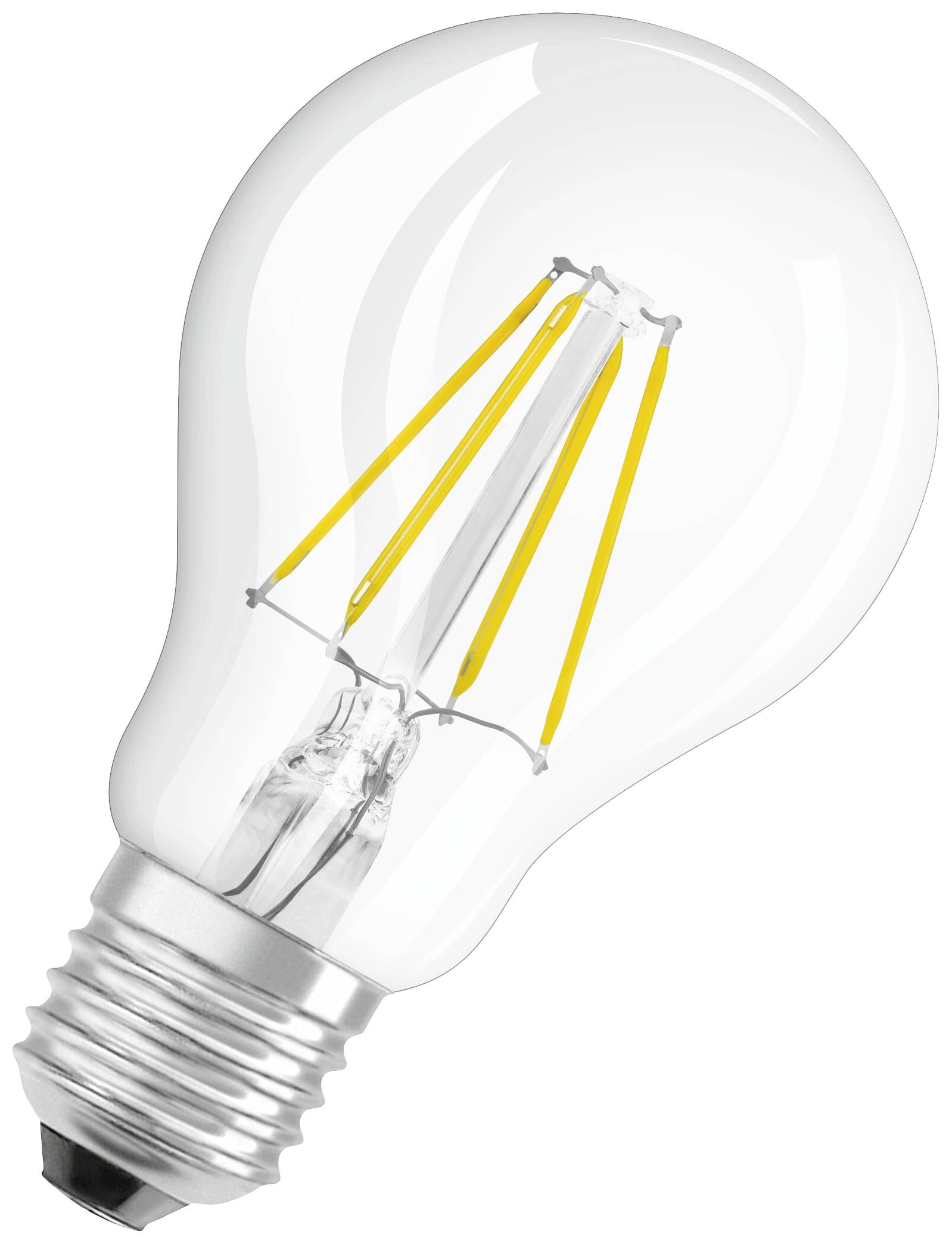 Glühbirne mit sichtbaren gelben Glühfäden, die eine moderne LED-Technologie darstellen. Sie ist ausgeschaltet.
