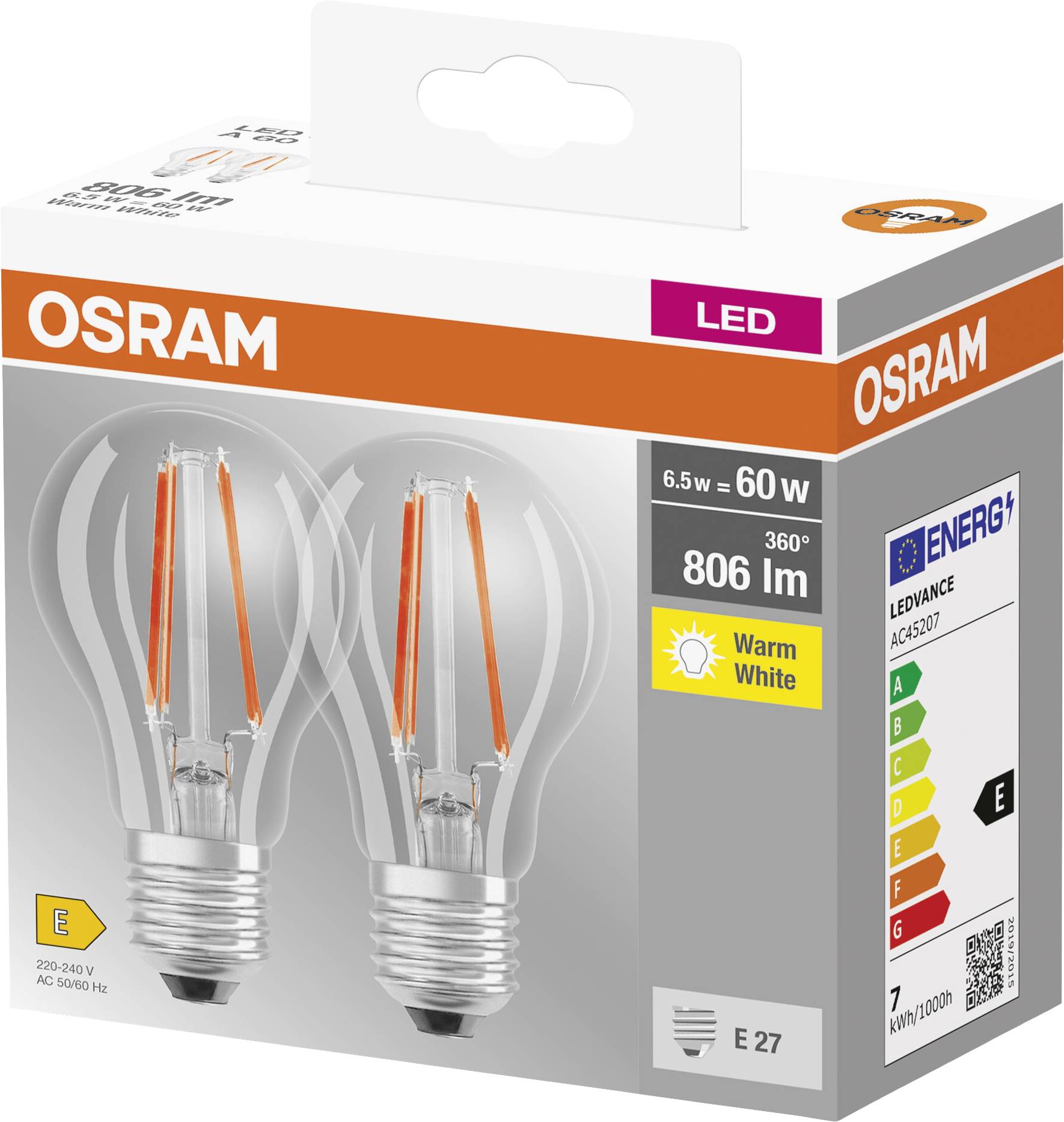 Verpackung von zwei LED-Glühbirnen der Marke Osram. 6,5W entspricht 60W, warmweiß, 806 Lumen, Energieeffizienzklasse E.
