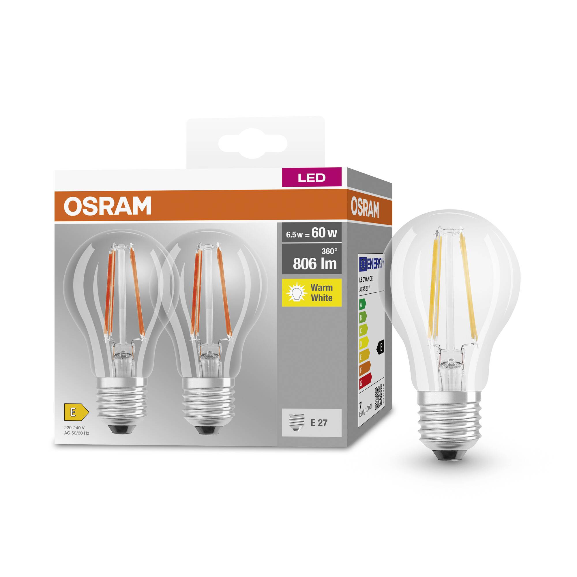 Eine LED-Glühbirne und ihre Verpackung der Marke OSRAM. E27, 6,5W, 806 lm, warmweiß, energieeffizient.