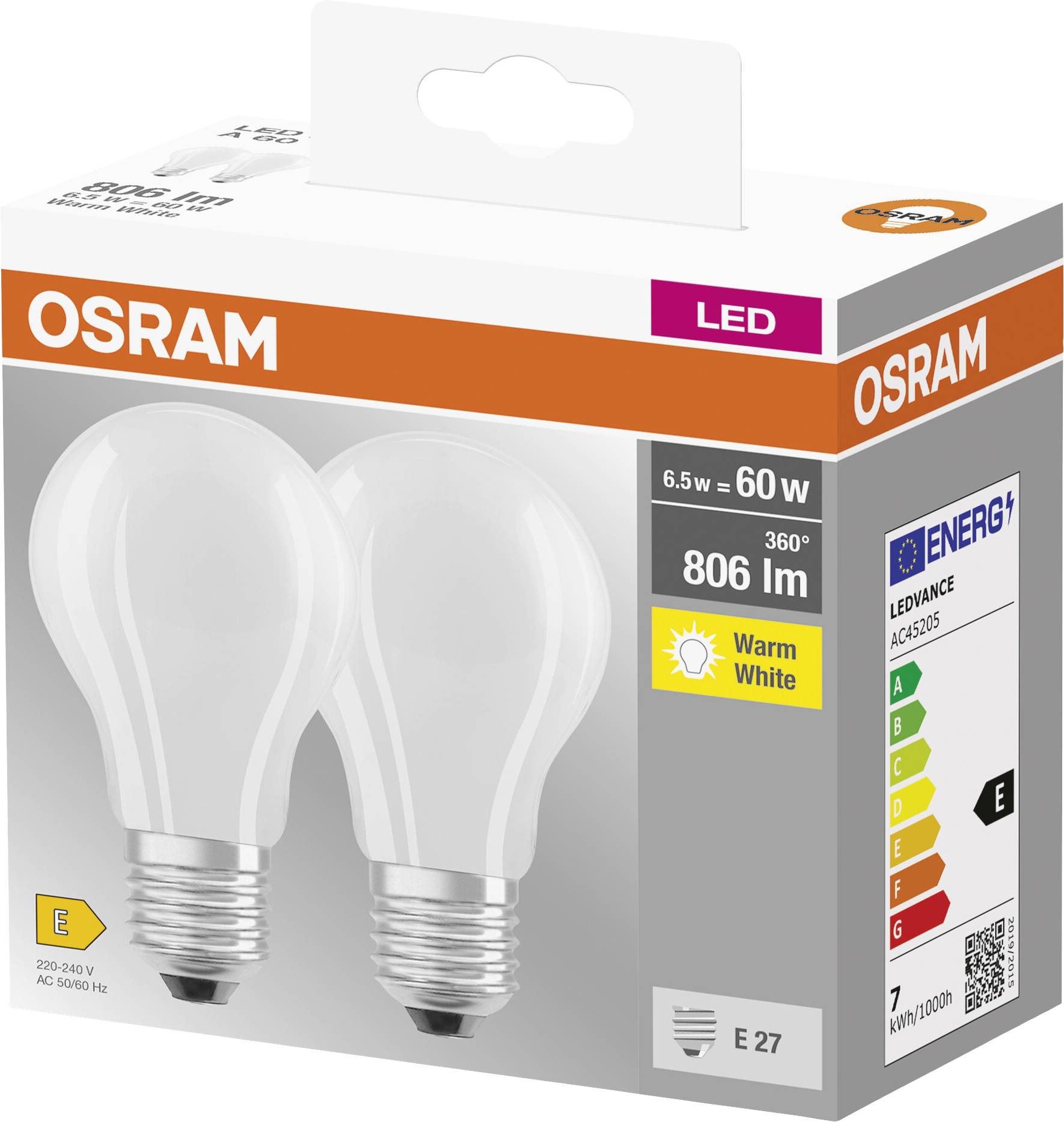 OSRAM 4099854064074 LED EEK E (A - G) E27 Kolbenform 6.5W = 60W Warmweiß (Ø x H) 60mm x 60mm 2St.