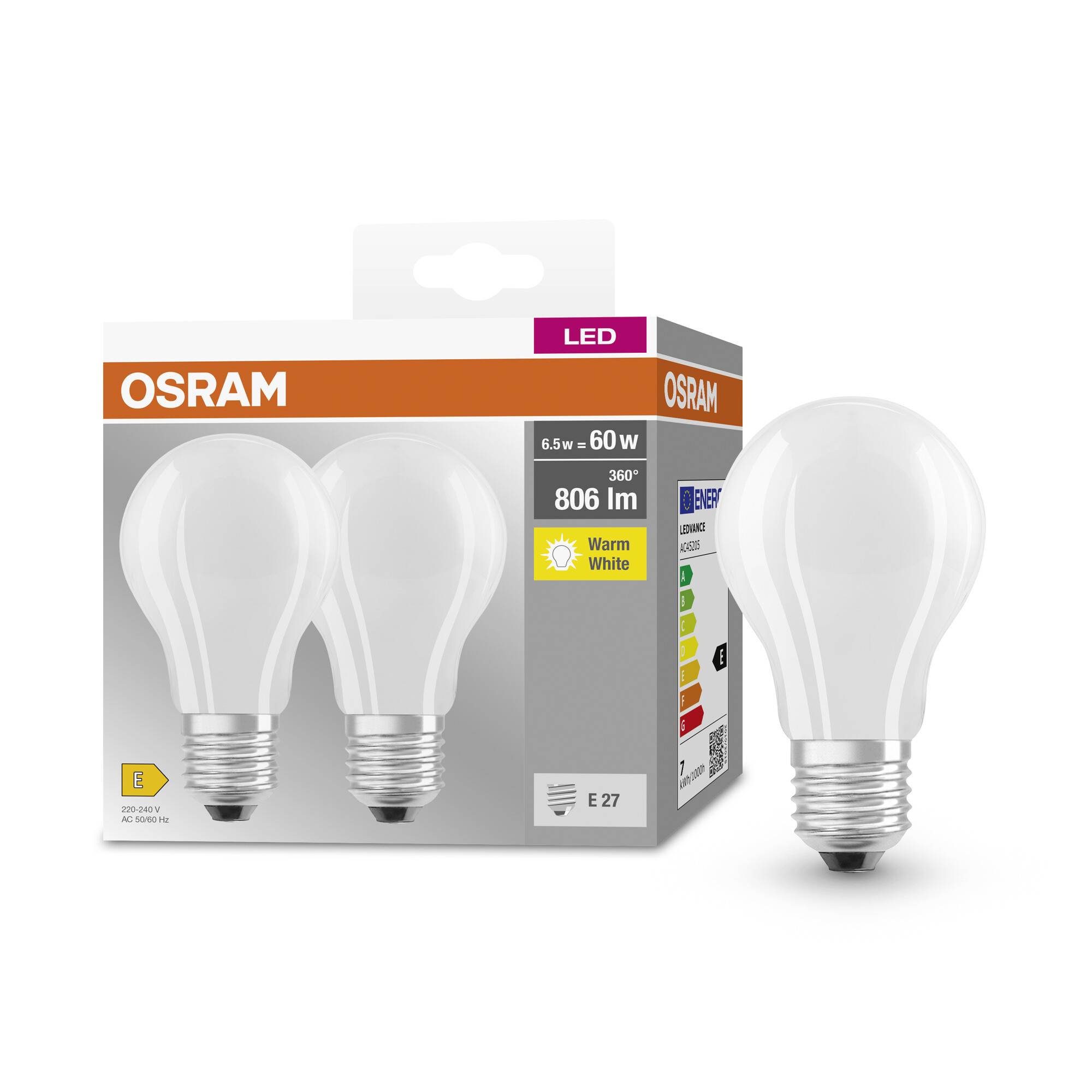 OSRAM 4099854064074 LED EEK E (A - G) E27 Kolbenform 6.5W = 60W Warmweiß (Ø x H) 60mm x 60mm 2St.