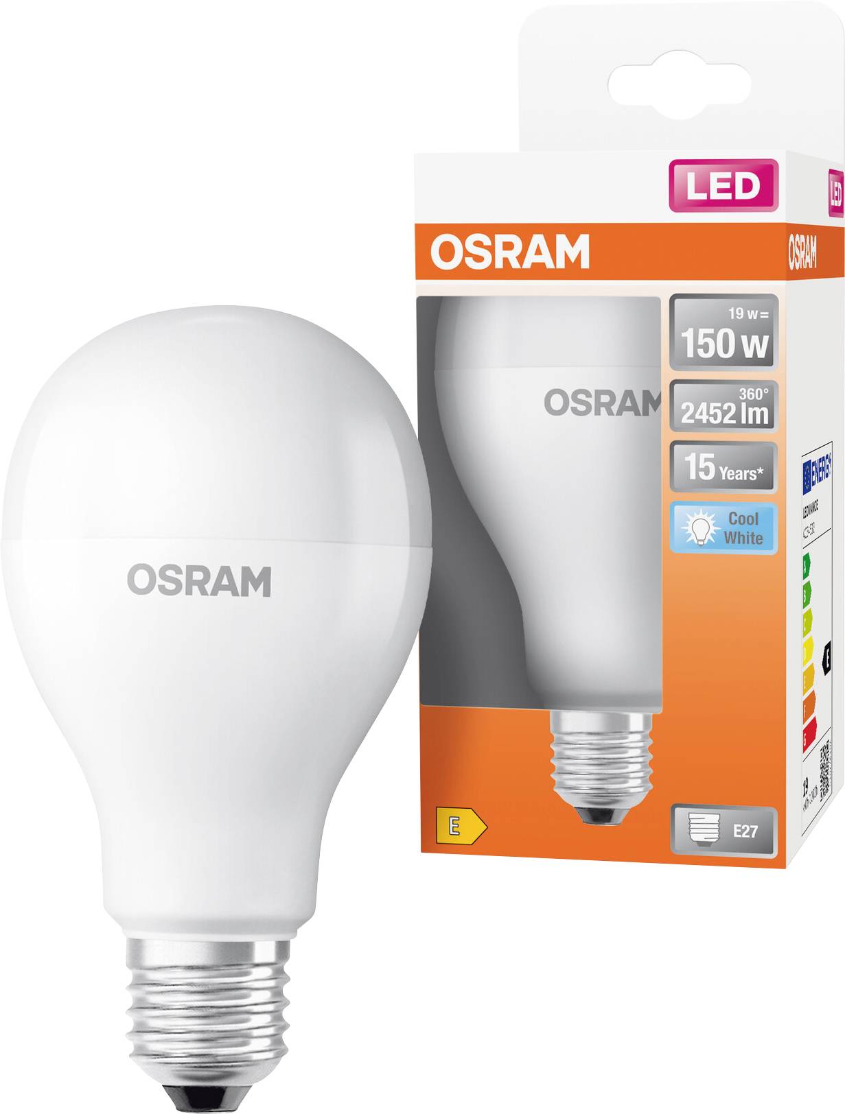 OSRAM LED-Glühbirne mit ihrer Verpackung gezeigt, gekennzeichnet mit 19W, 150W-Äquivalent, 2452 lm, 15 Jahre, kühles Weiß, E27-Sockel.