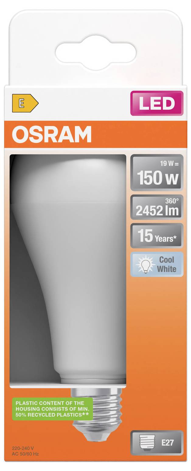 OSRAM LED-Glühbirne, Verpackung mit einer 19W Birne, 150W Entsprechung, 2452 Lumen, 15 Jahre, Kaltweiß, E27 Sockel.