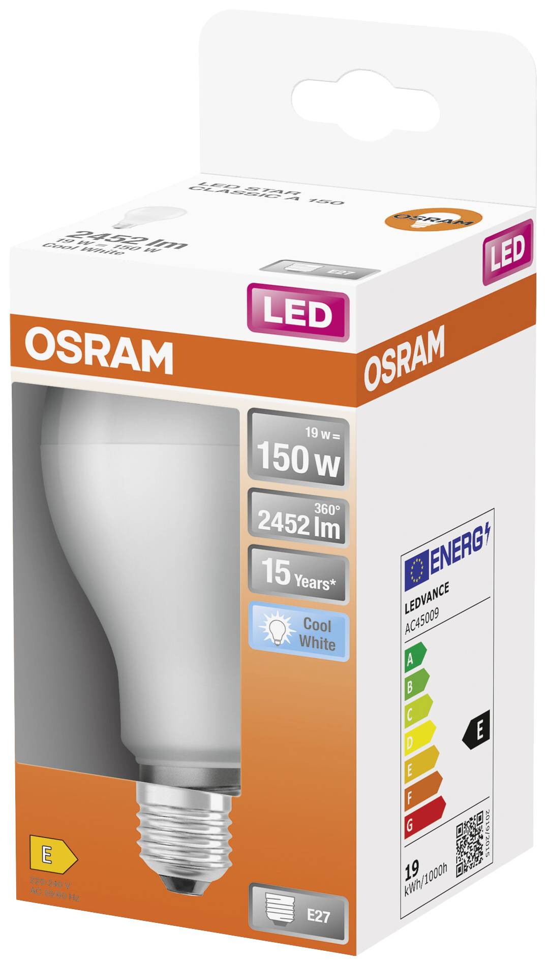 OSRAM LED-Lampe 19W entspricht 150W, 2452 Lumen, 15 Jahre Lebensdauer, E27-Fassung, Energieklasse E, Cool White Licht.