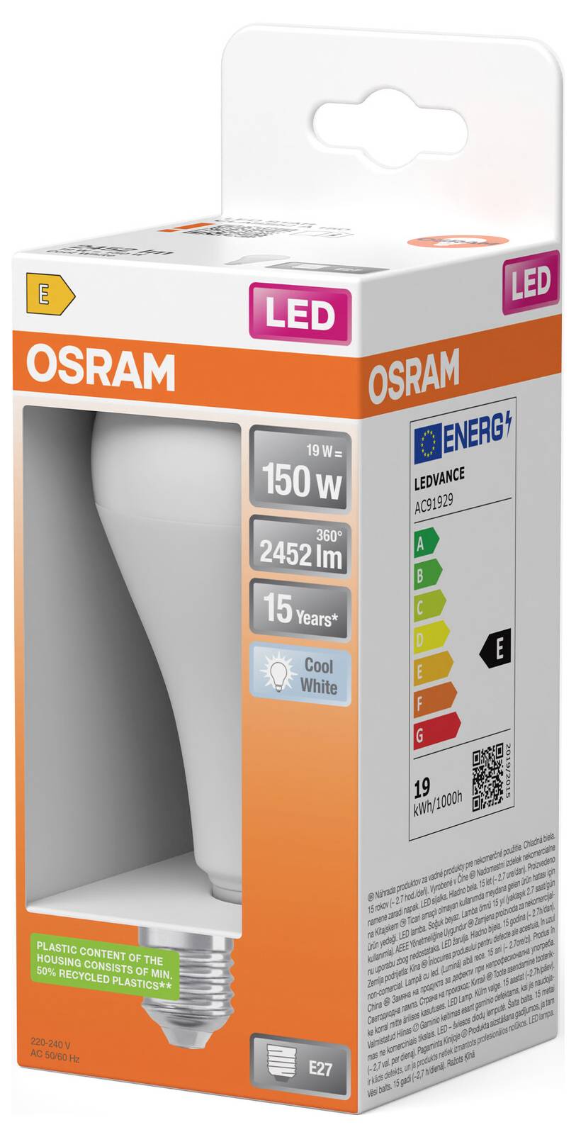 OSRAM LED-Glühbirnenkarton mit einer 150-W-Äquivalent-Glühbirne in Kaltweiß, 2452 lm Helligkeit, 15-jährige Lebensdauer und Energieeffizienzetikett.