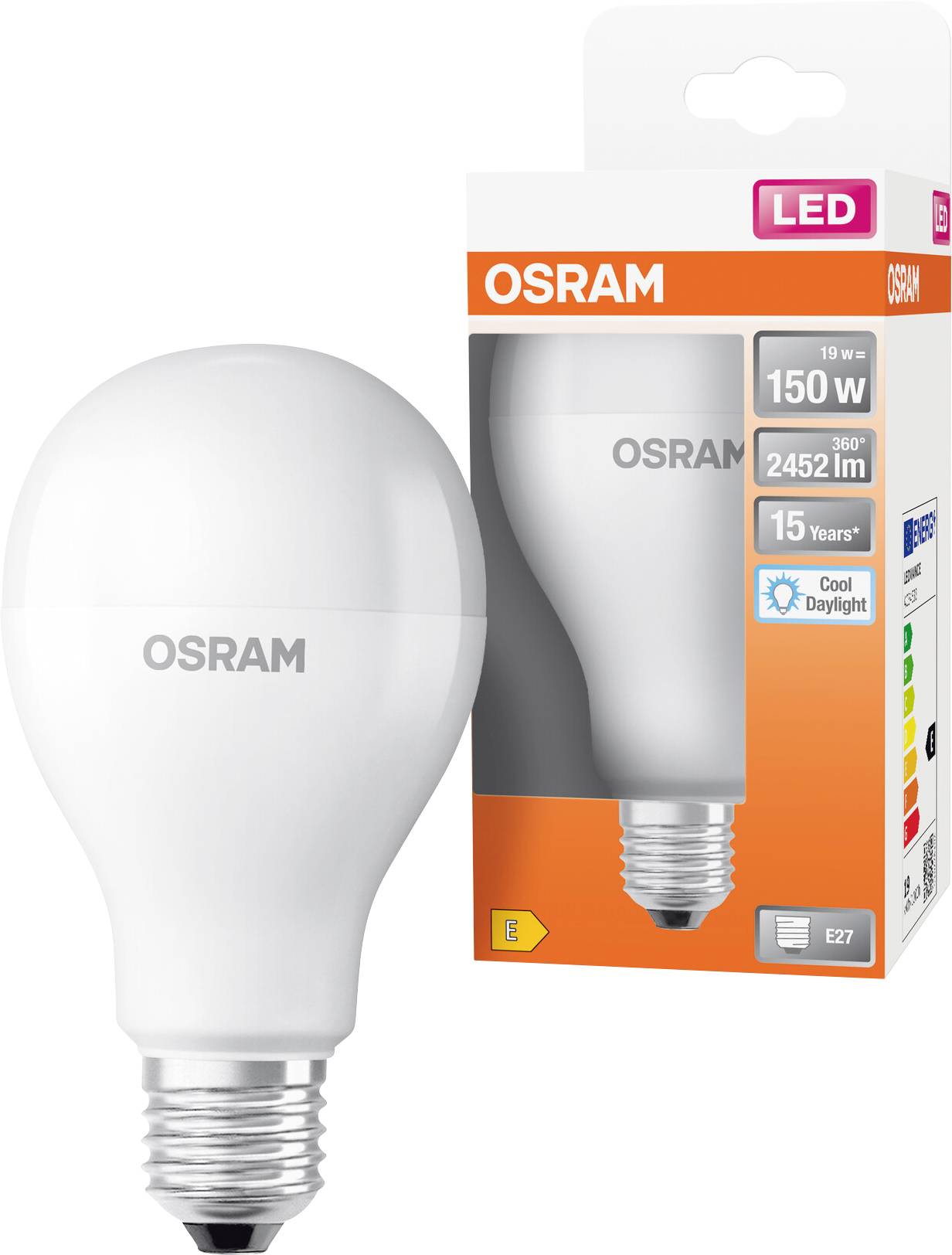 OSRAM LED-Glühbirne neben ihrer Einzelhandelspackung abgebildet, gekennzeichnet mit 19 W, 150 W Äquivalent, 2452 lm, 15 Jahre und Cool Daylight, mit E27-Sockel.