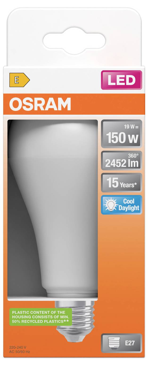 OSRAM LED-Glühbirne in Verpackung mit einer 19W, 150W-Entsprechung mit 2452 lm, 15-jähriger Lebensdauer, kühles Tageslicht, E27-Sockel.