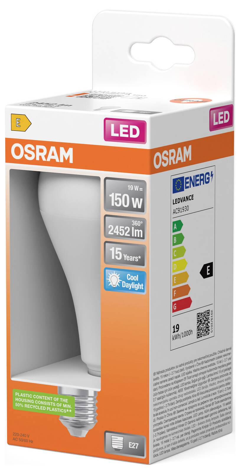 OSRAM LED-Glühbirnen-Verpackung, die eine 150-W-Äquivalent-Glühbirne mit kühlem Tageslicht, Energieeffizienzklasse E und 2452 lm Lichtstrom zeigt.