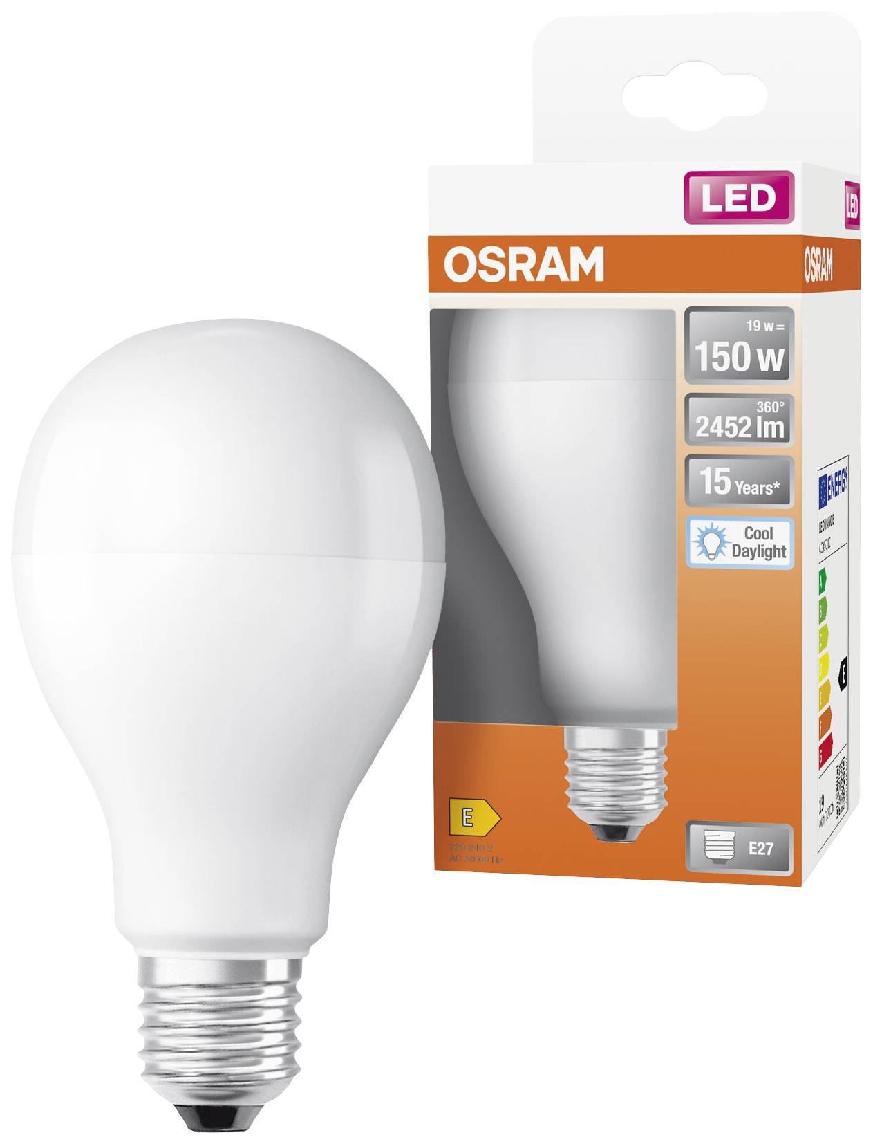 Eine LED-Glühbirne der Marke OSRAM mit 150 Watt, 2452 Lumen und einer Lebensdauer von 15 Jahren. Energiesparend, E27-Sockel. Verpackung zeigt Produktdetails und Energieklasse B.