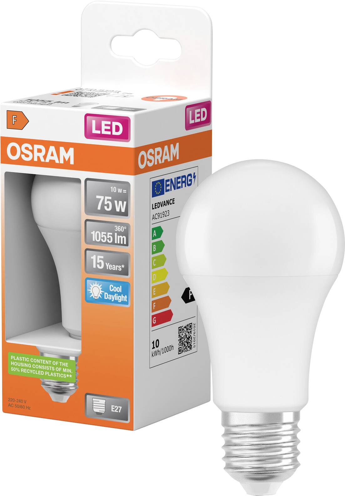 Produktbild einer OSRAM LED-Glühbirne in Verpackung, beschriftet mit 10W, 75W Äquivalent, 1055 lm, 15 Jahre, Kaltes Tageslicht, E27-Sockel.