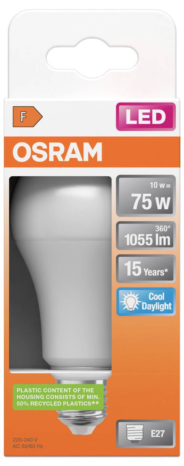 OSRAM LED-Glühbirne Verpackung, beschriftet 10W = 75W, 1055 Lumen, 15 Jahre, kühles Tageslicht, E27-Sockel, 50% recycelter Kunststoff.