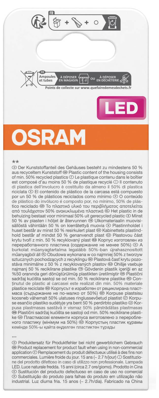 OSRAM LED-Glühbirne Verpackung mit Produktetikett und Recycling-/Entsorgungsinformationen in mehreren Sprachen.