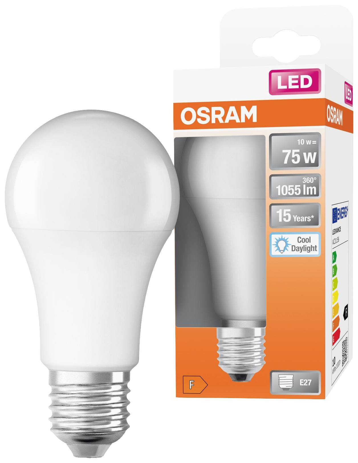 LED-Glühbirne von OSRAM, 75 W, 1055 lm, Tageslicht, Energieeffizienzklasse F, E27-Sockel, 15 Jahre Lebensdauer. Verpackung zeigt Spezifikationen.