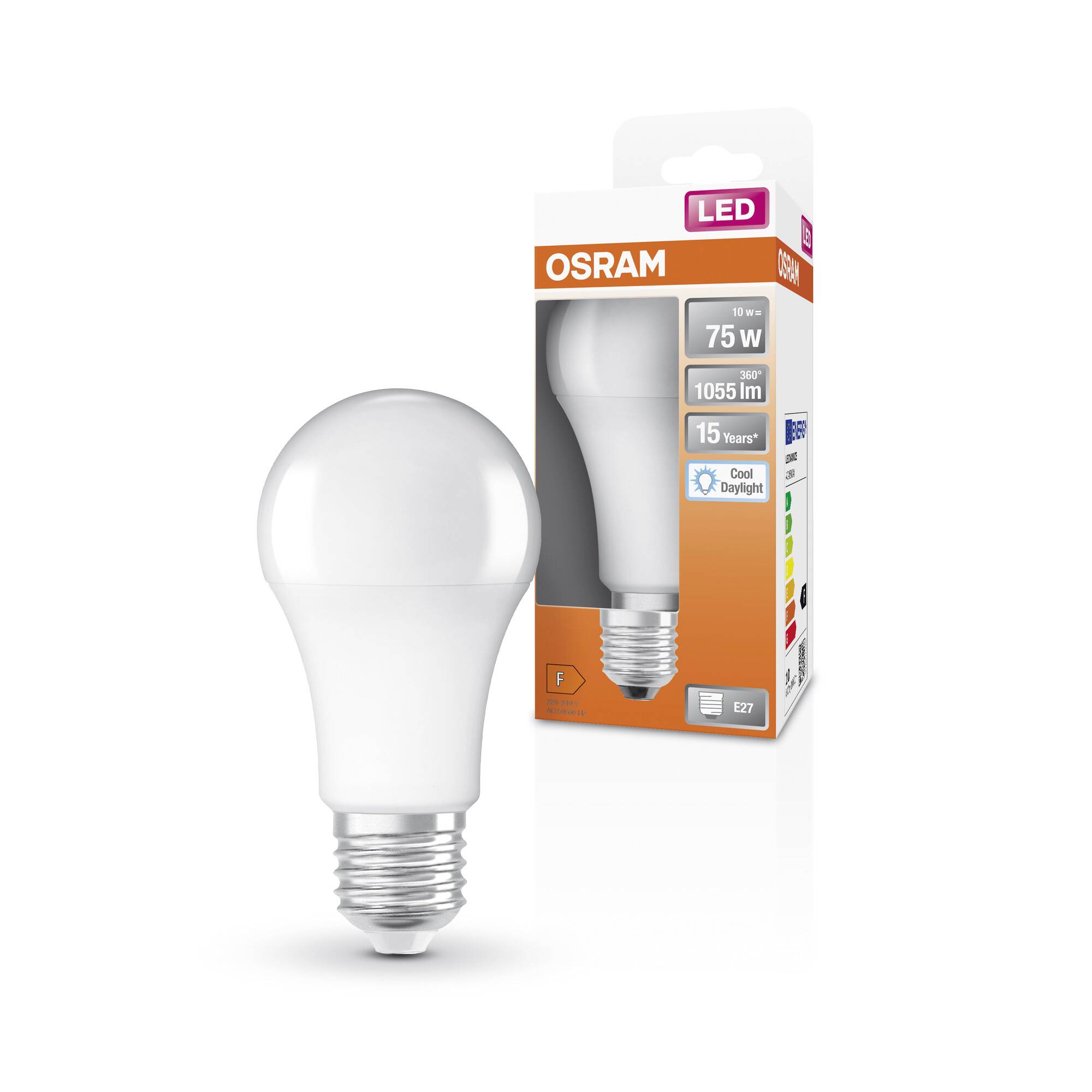 Abbildung einer Osram LED-Glühbirne mit E27-Sockel, 75W Äquivalent, 1055 Lumen, 15 Jahre Lebensdauer, kaltweiß. Verpackung daneben.