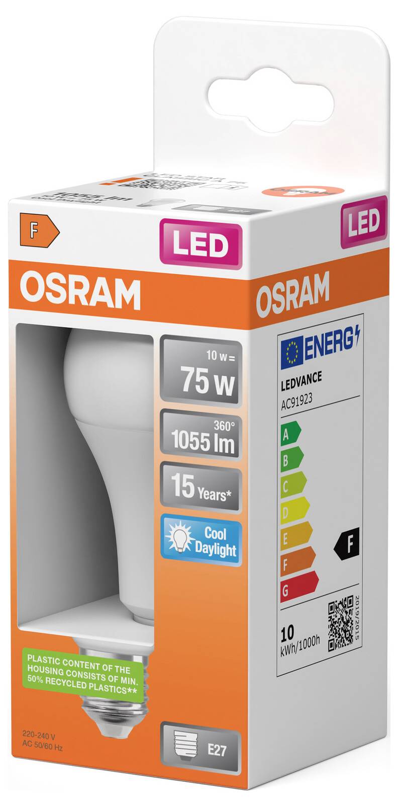 OSRAM LED-Lampenverpackung zeigt eine 75W-Äquivalent, 1055 lm Tageslichtweiße Glühbirne mit E27-Sockel und einer Lebensdauergarantie von 15 Jahren.