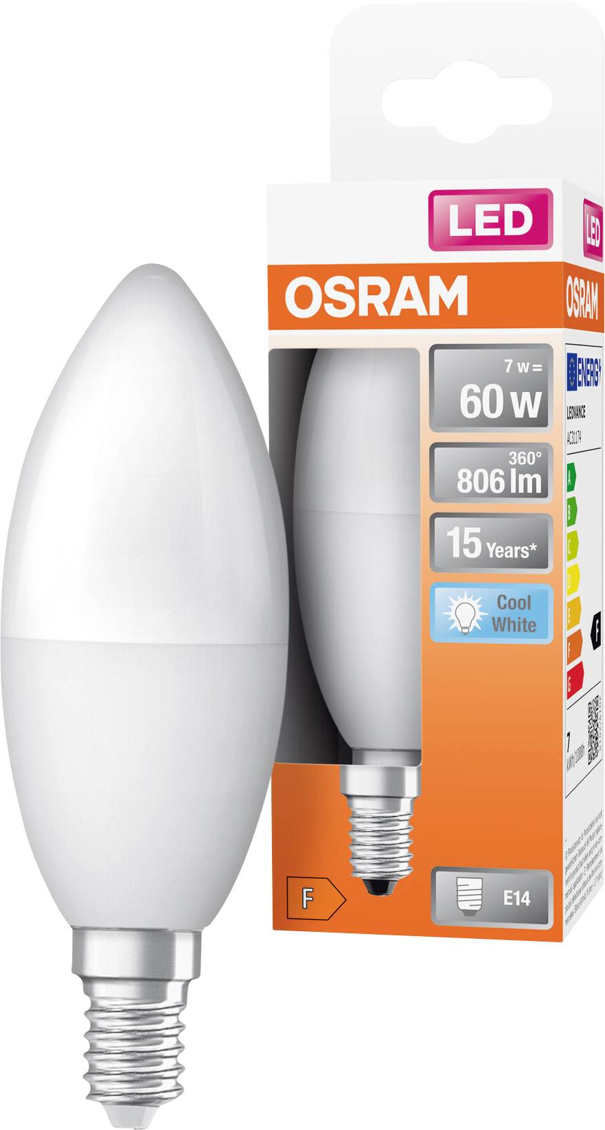 OSRAM LED-Kerzenlampe und Einzelhandelsverpackung mit Angabe von 7W, 60W-Entsprechung, 806 lm, 15 Jahre, Kaltweiß, E14-Fassung.