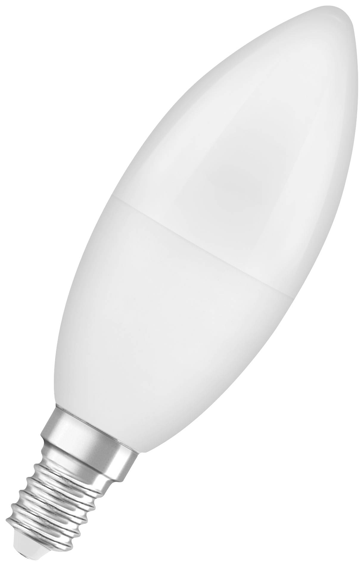 Weiße LED-Kerzenlampe mit E14-Sockel, geeignet für dekorative Beleuchtungselemente, das energiesparend leuchtet.