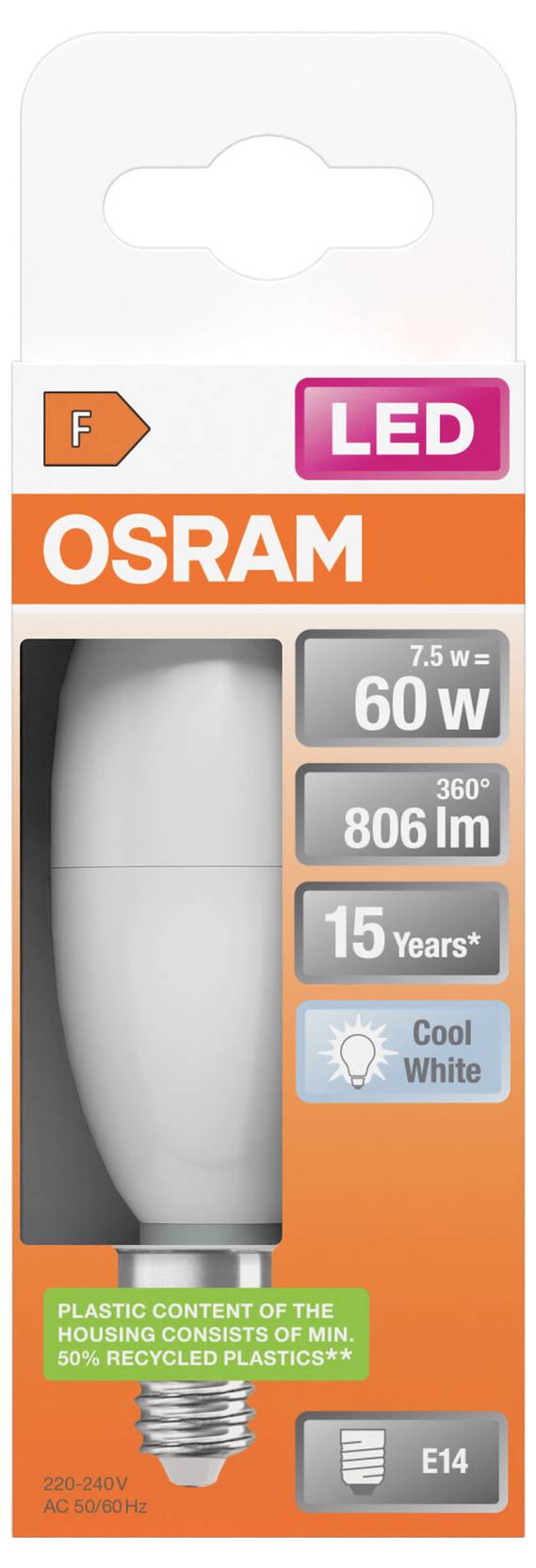 OSRAM LED-Glühbirne Packung mit einer 7,5-W-60-W-Entsprechung, 806 lm, 15-jähriger Lebensdauer, Kaltweiß, E14-Fassung.