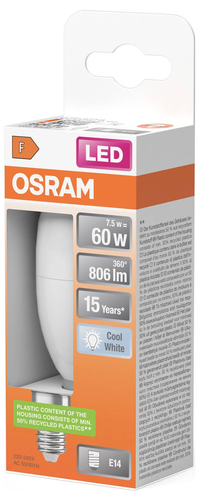 OSRAM LED-Glühbirne, 7,5W 60W-Äquivalent, 806 lm, 15 Jahre, Kaltweiß, E14-Sockel