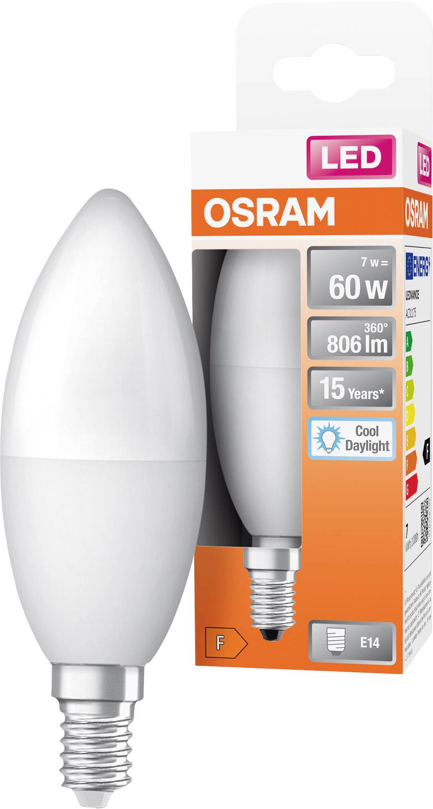 OSRAM LED-Kerzenlampe in Weiß mit Verpackung, gekennzeichnet mit 60-W-Äquivalent, 800 lm, 15 Jahre, Kaltdaylight, E14-Sockel.