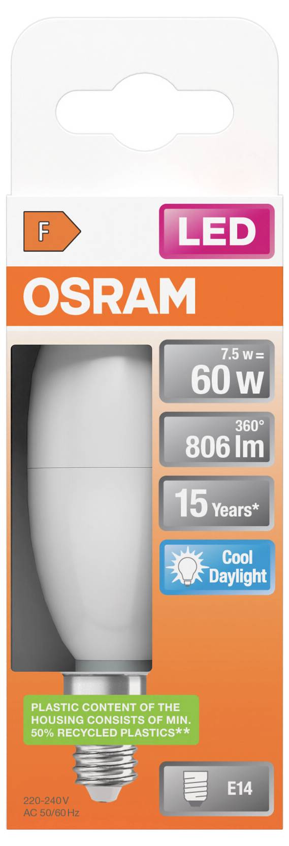 OSRAM LED-Glühbirnen-Verpackung mit einer 7,5-W-Birne, entsprechend 60W, 806 lm, 15 Jahre, kühles Tageslicht, E14-Sockel.