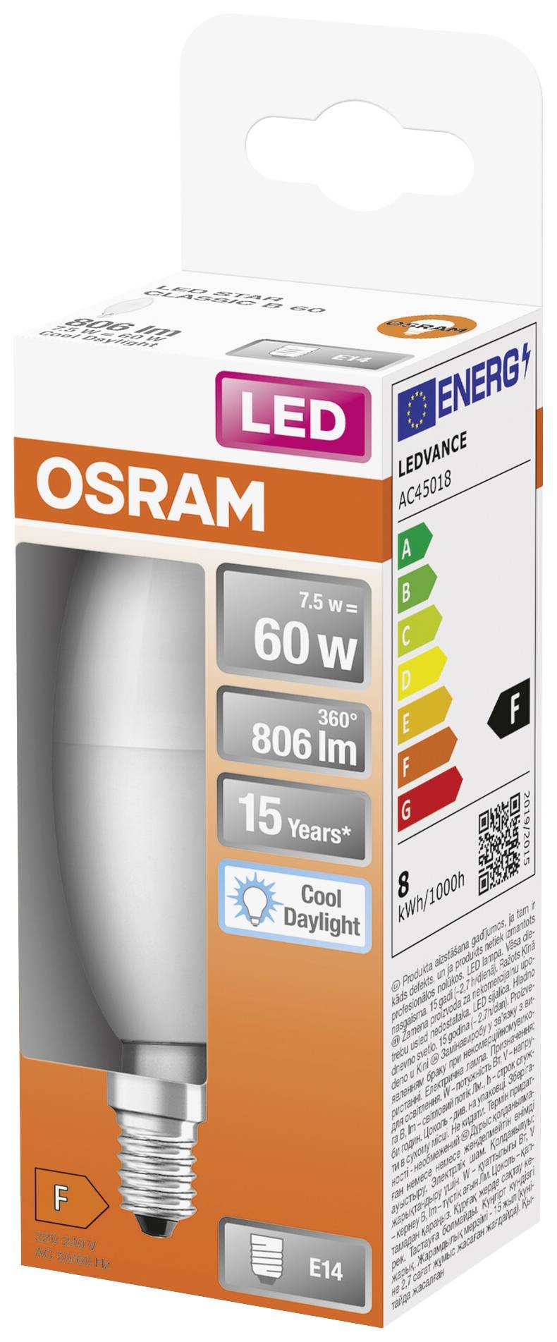 Glühbirnenverpackung von OSRAM: LED, 60W, 806 Lumen, E14 Fassung, Energieklasse F, Kühle Tageslichtfarbe, Haltbarkeit 15 Jahre.
