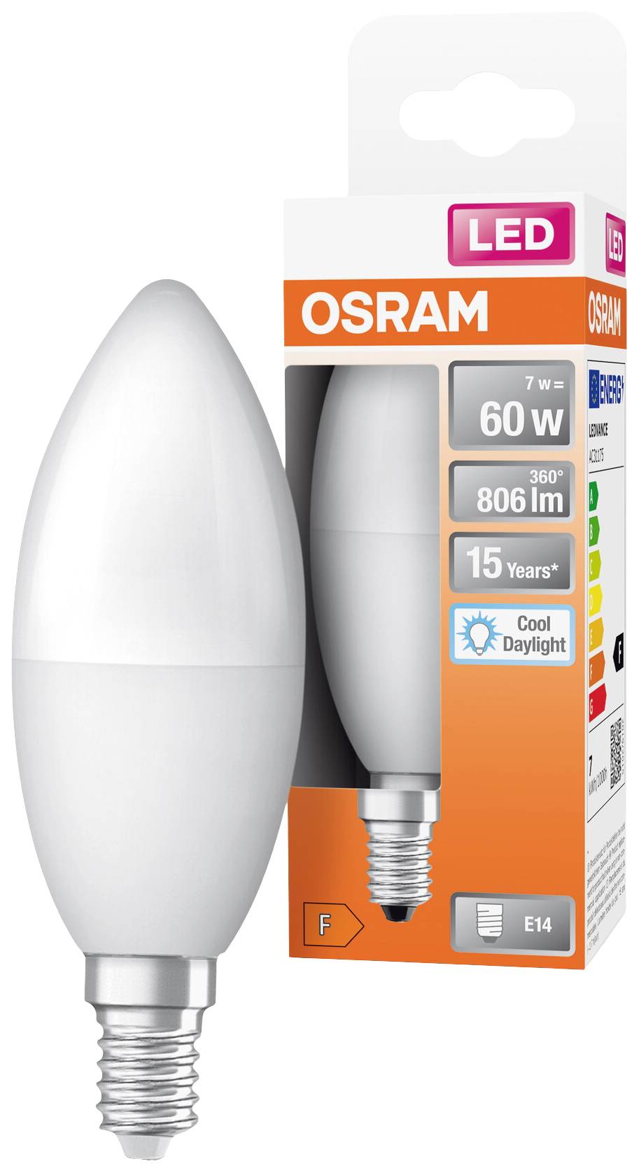 Eine LED-Lampe von Osram in E14-Fassung, 7W, 806 Lumen, entspricht 60W Glühlampe, Lichtfarbe 'Cool Daylight', Lebensdauer 15 Jahre.