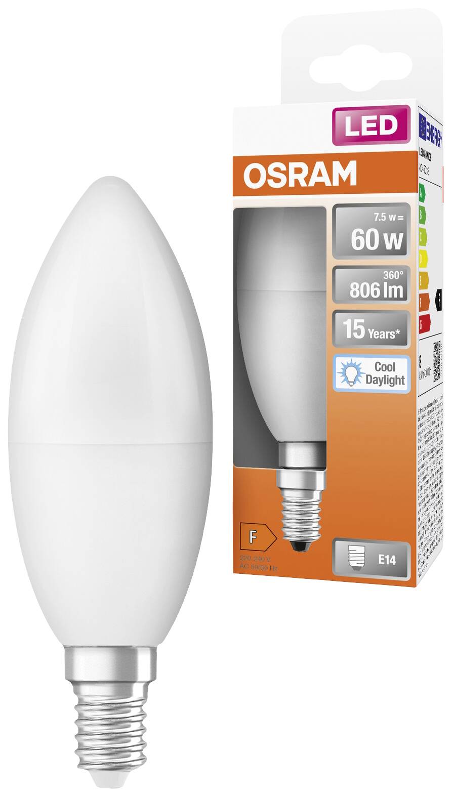 Eine LED-Glühbirne und ihre Verpackung von Osram, 7,5 W Leistung, 806 Lumen, E14 Sockel, kühles Tageslicht, mit Energieklasse F.