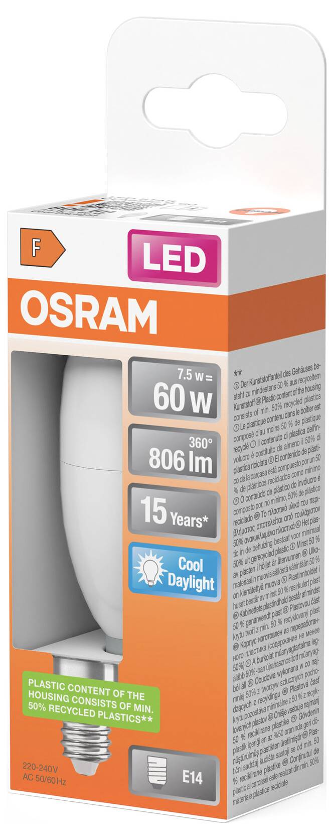 OSRAM LED-Glühbirne, 7,5W 60W-Äquivalent, 806 lm, 15 Jahre, kühles Tageslicht, E14-Sockel.