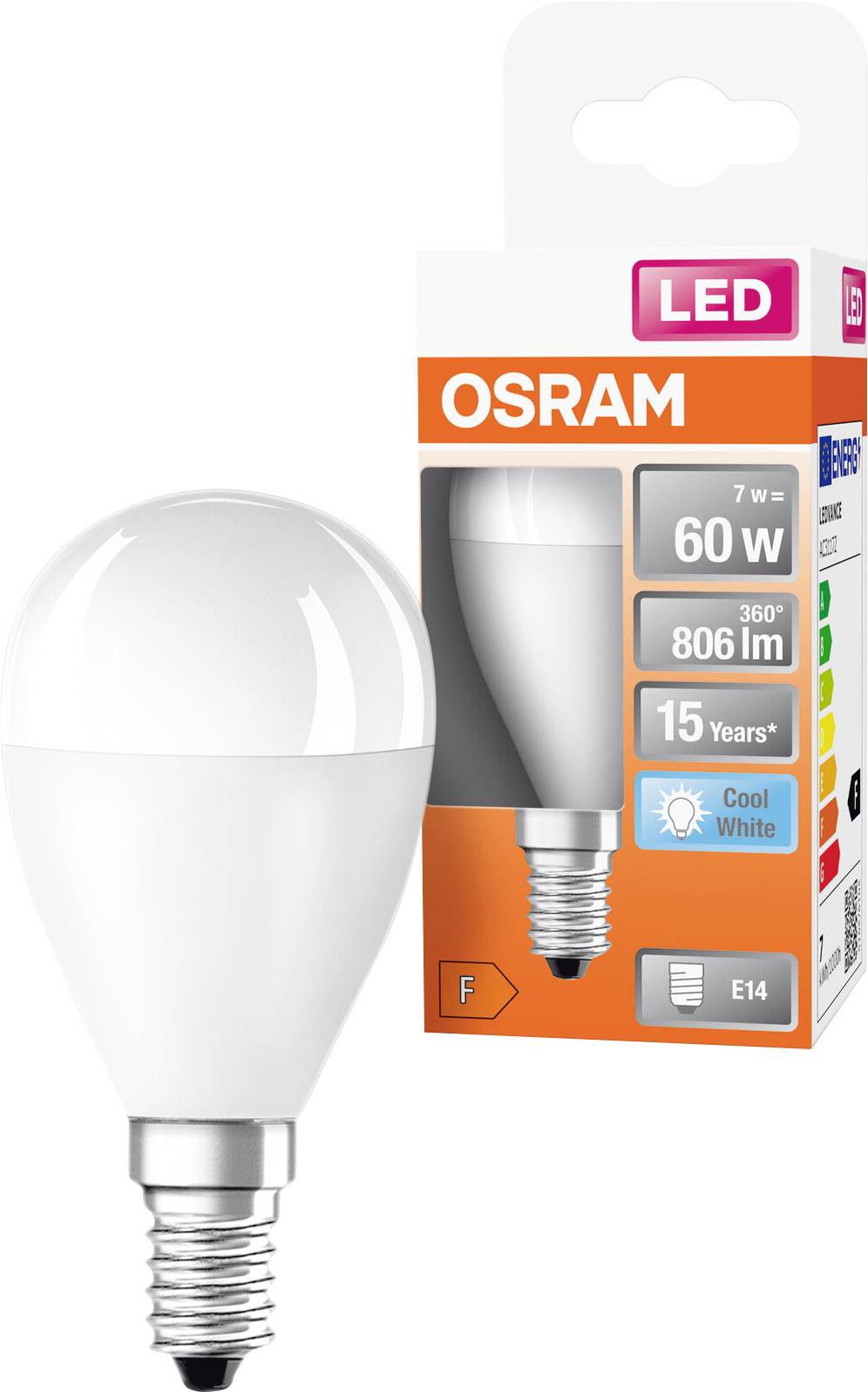 OSRAM LED-Glühbirne Verpackung und Glühbirne, gekennzeichnet mit 7 W, 60 W Entsprechung, 806 lm, 15 Jahre, Kaltweiß, E14-Sockel.