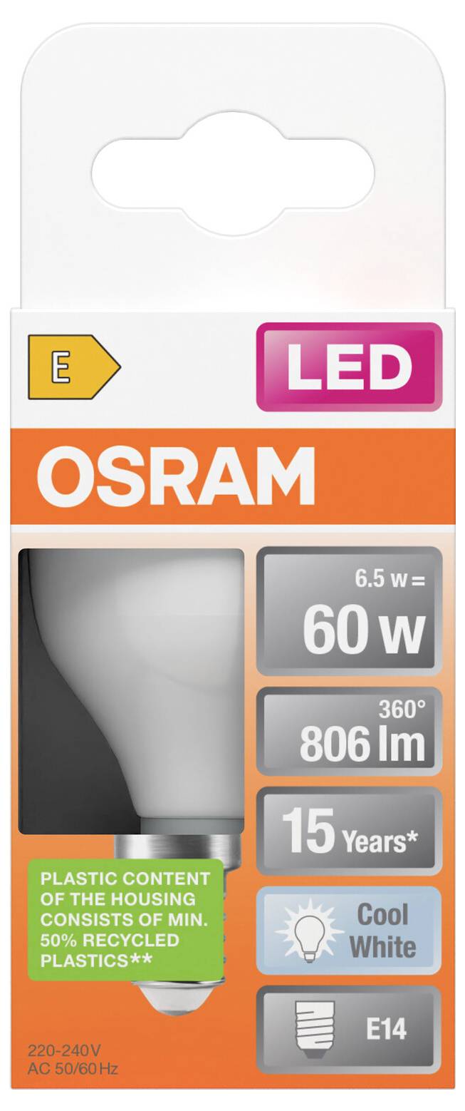 OSRAM LED-Glühbirne Verpackung zeigt 60W Äquivalent, 806 lm, 360° Lichtkegel, E14-Sockel, 6,5W, Kaltweiß und 15-jährige Lebensdauer.