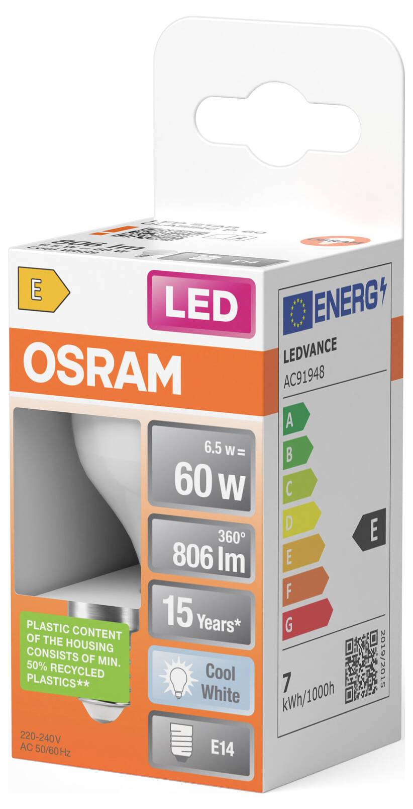 OSRAM LED-Glühbirne Einzelhandelskarton mit einer 6,5-W-Birne, 60-W-Äquivalent mit 806 lm, kaltweiß, E14-Sockel, 15-jährige Lebensdauer und EU-Energielabel E.