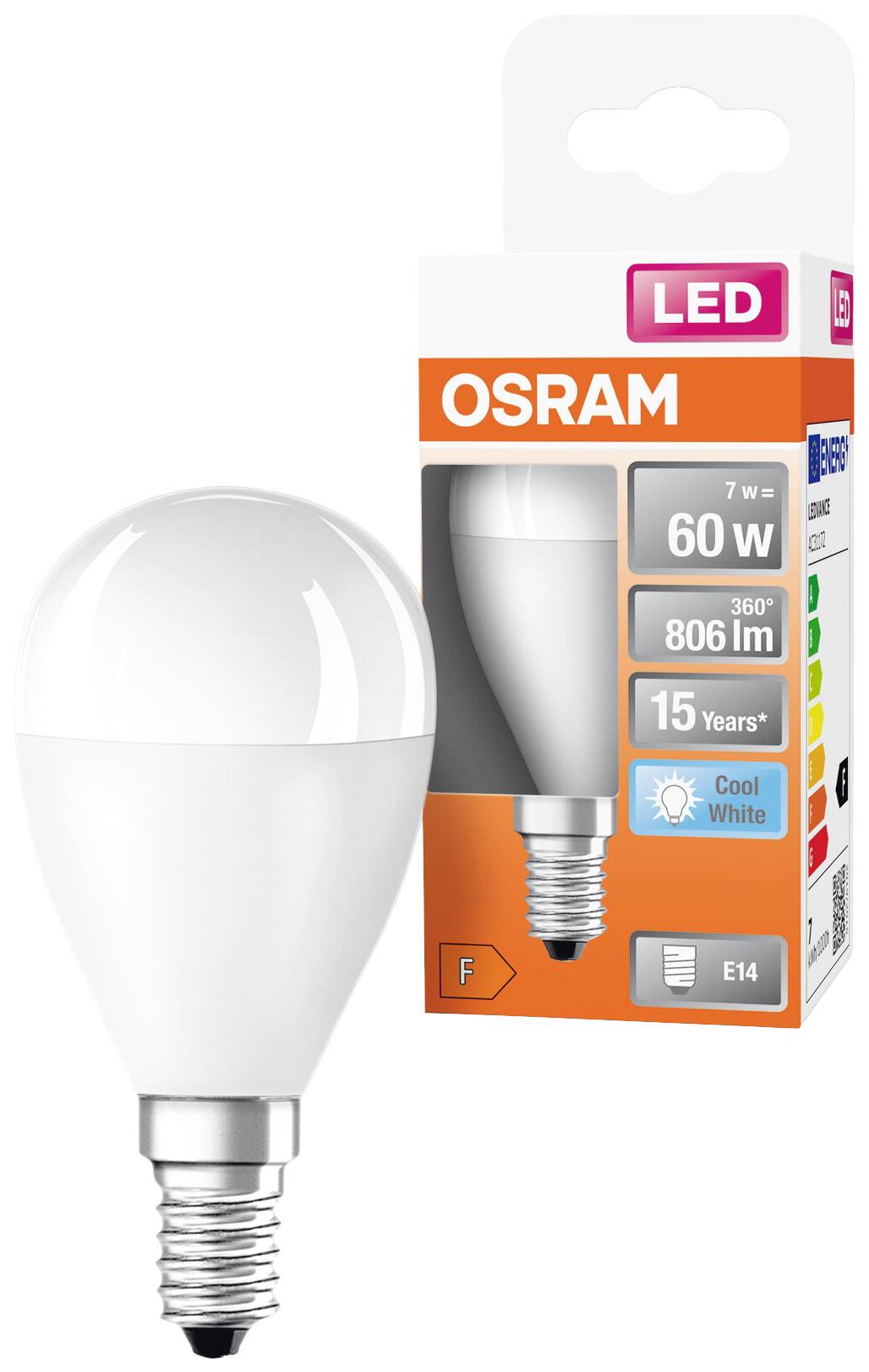 LED-Glühbirne und Verpackung; 'OSRAM' 60W äquivalent, 806 Lumen, kühles weißes Licht, E14-Sockel, Energieklasse F.