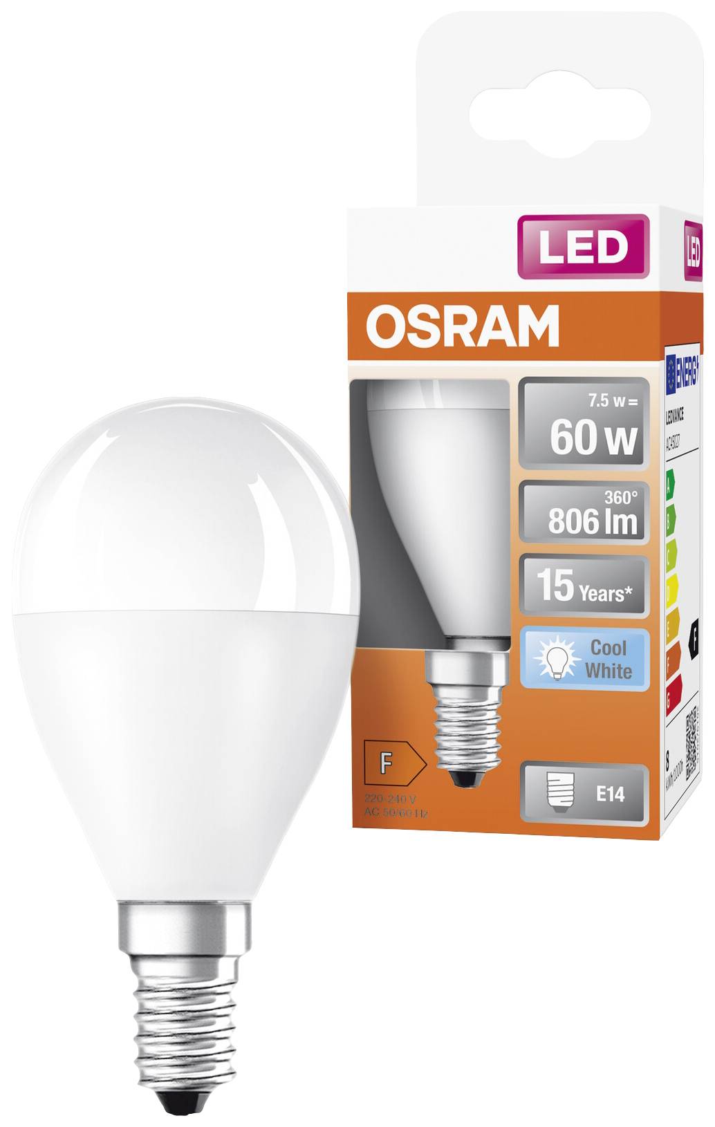 Osram LED-Glühbirne, 7.5W, E14, 806 Lumen, ersetzt 60W, 360° Lichtwinkel, 15 Jahre Lebensdauer, kaltweiß, Energieklasse 'F'. Verpackung zeigt Produktbild.