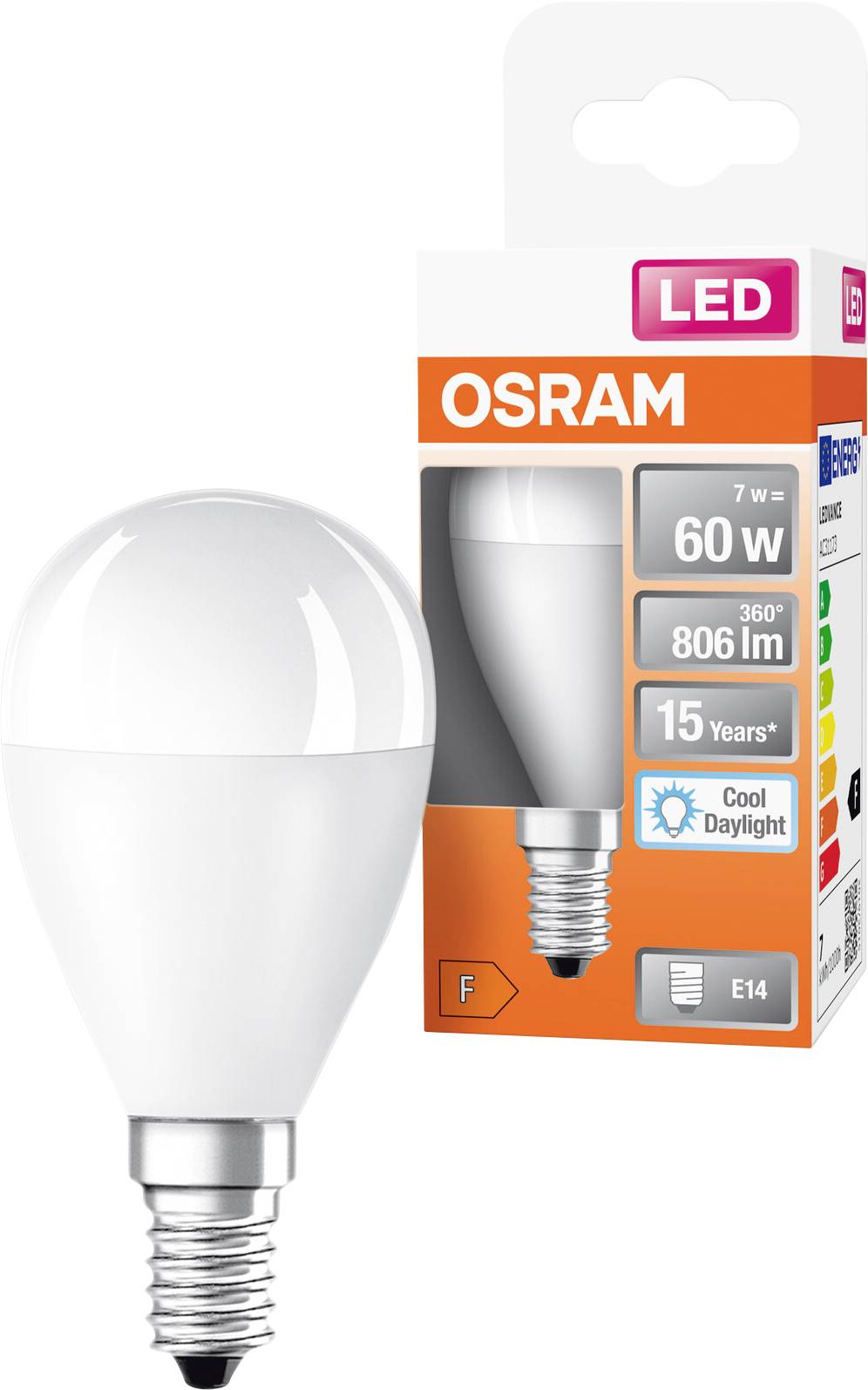 OSRAM LED-Glühbirne mit E14-Sockel neben ihrer orange-weiß gestreiften Einzelhandelsverpackung, gekennzeichnet mit 7 W, 60 W, 806 lm, 15 Jahre, Kaltes Tageslicht.