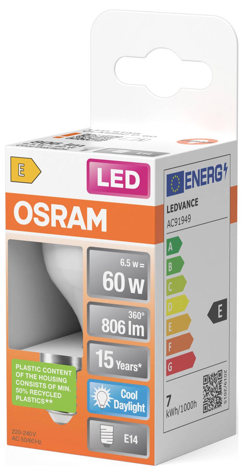 OSRAM LED-Glühbirne Einzelhandelsverpackung, gekennzeichnet mit 6,5 W, 60-W-Äquivalent, 806 lm, E14-Fassung, Energieklasse E.