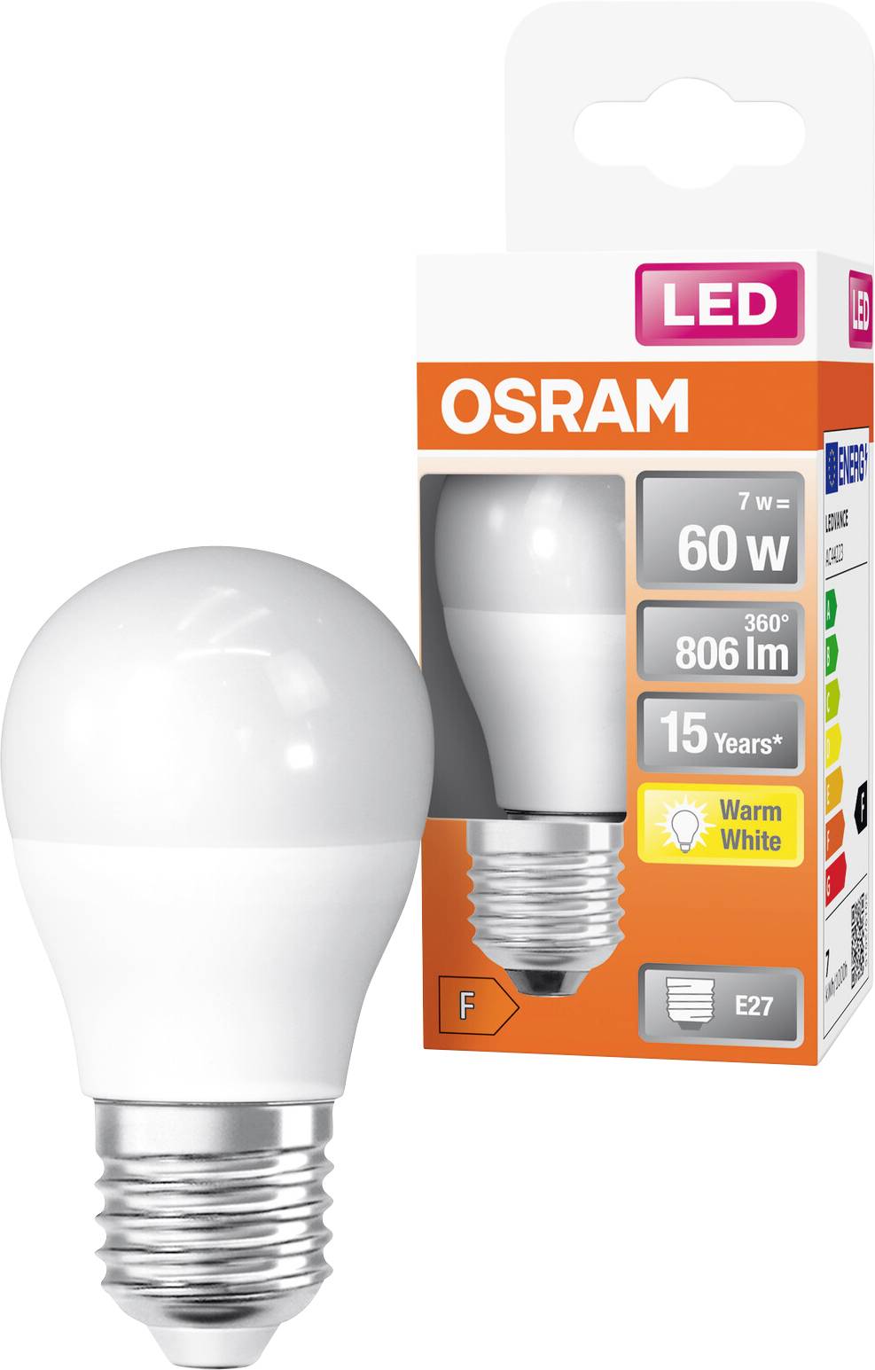 OSRAM LED-Glühbirne und ihre Einzelhandelsverpackung, gekennzeichnet mit 7W, 60W-Äquivalent, 806 lm, Warmweiß, E27 und 15 Jahre.