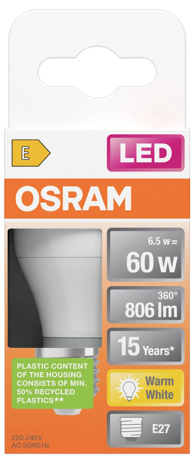 OSRAM LED-Glühbirnen-Verpackung zeigt E27-Warmweiß-Birne, 6,5W entspricht 60W, 806 lm, 15 Jahre und Hinweis zum Kunststoffgehalt.