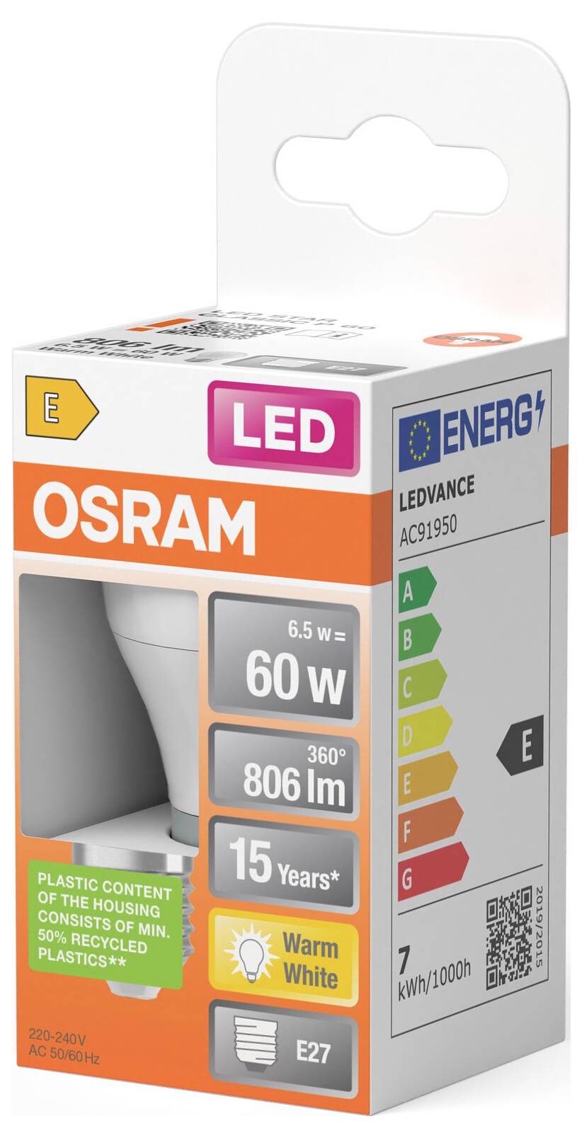 OSRAM LED-Glühbirne Karton, gekennzeichnet mit 6,5W, 60W Äquivalent, 806 Lumen, warmweiß, 15 Jahre, Energieklasse E.