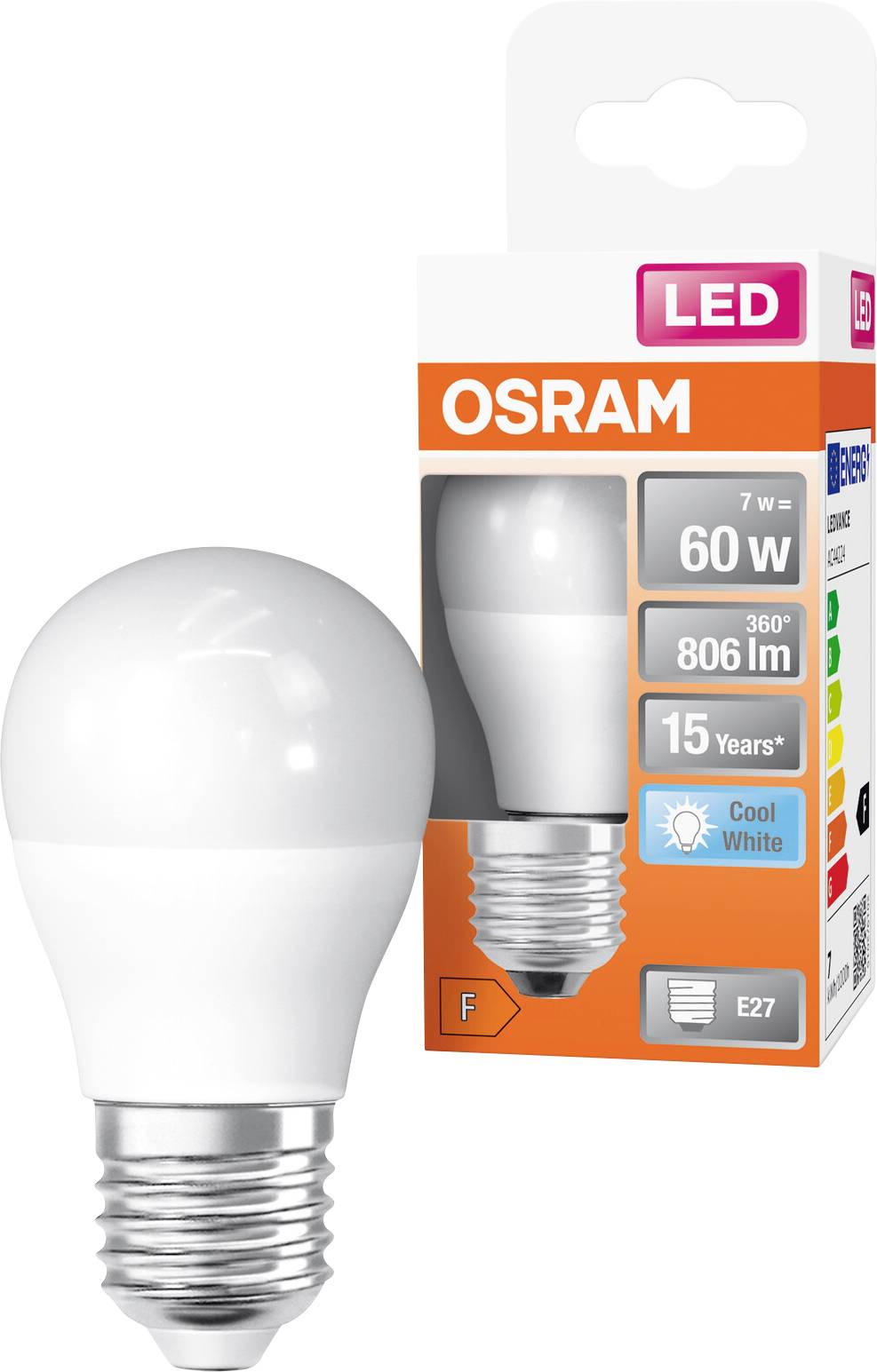 OSRAM LED-Glühbirnenpackung mit einer 7W, 60W-Äquivalent E27 Kaltweiß-Birne und der Birne neben der Schachtel.
