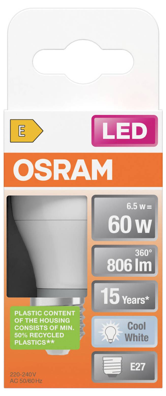 OSRAM LED-Glühbirne in Verpackung mit E27-Sockel, zeigt 60-W-Äquivalent, 806 lm Lichtstrom, 15 Jahre Lebensdauer und kaltweißes Licht.