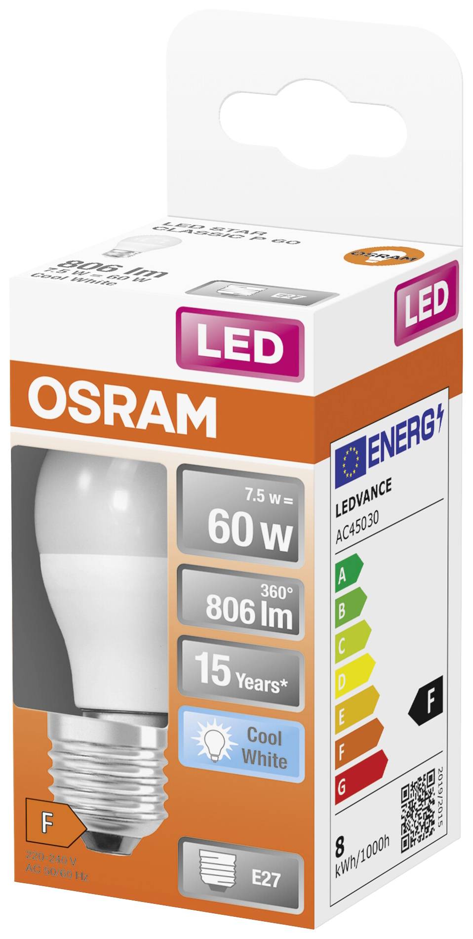 LED-Glühbirnenverpackung von OSRAM, 7,5W (entspricht 60W), 806 Lumen, 360° Abstrahlwinkel, 15 Jahre Lebensdauer, Energieklasse F, Gewinde E27.