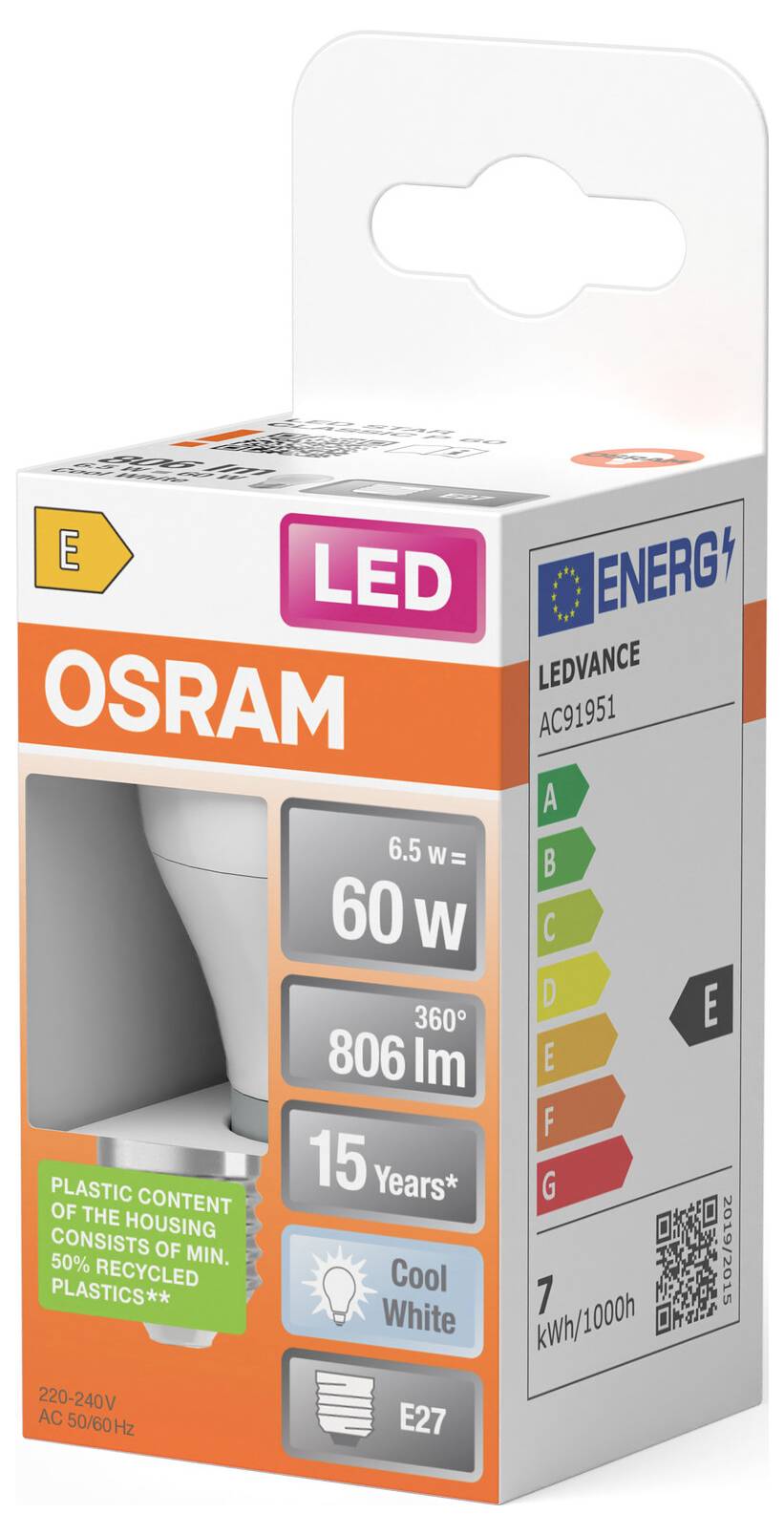 OSRAM LED-Glühbirne Verpackung mit 6,5 W, 60-W-Äquivalent, 806 lm, Kaltweiß, E27-Fassung und EU-Energielabel Klasse E.