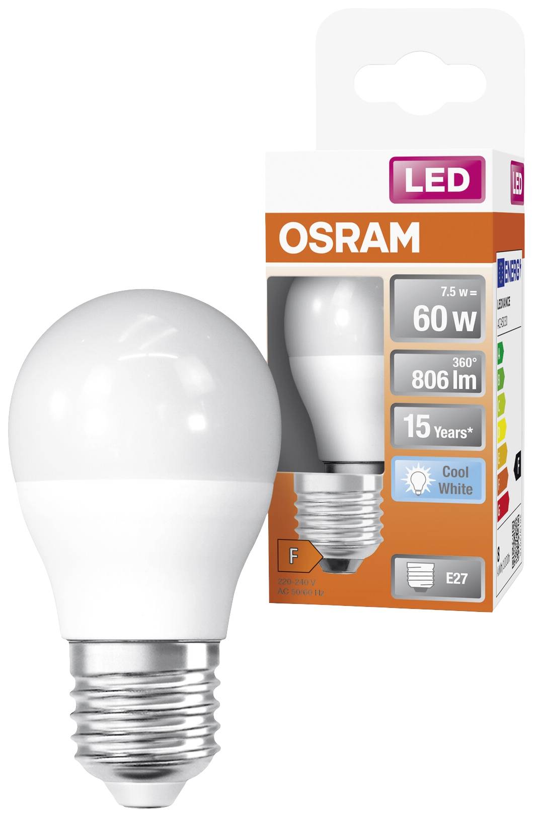 LED-Glühbirne von OSRAM, E27-Sockel, 806 Lumen, 60 Watt Ersatz, Langlebigkeit von 15 Jahren, Farbtemperatur 'Cool White'. Verpackung zeigt Produktspezifikationen.