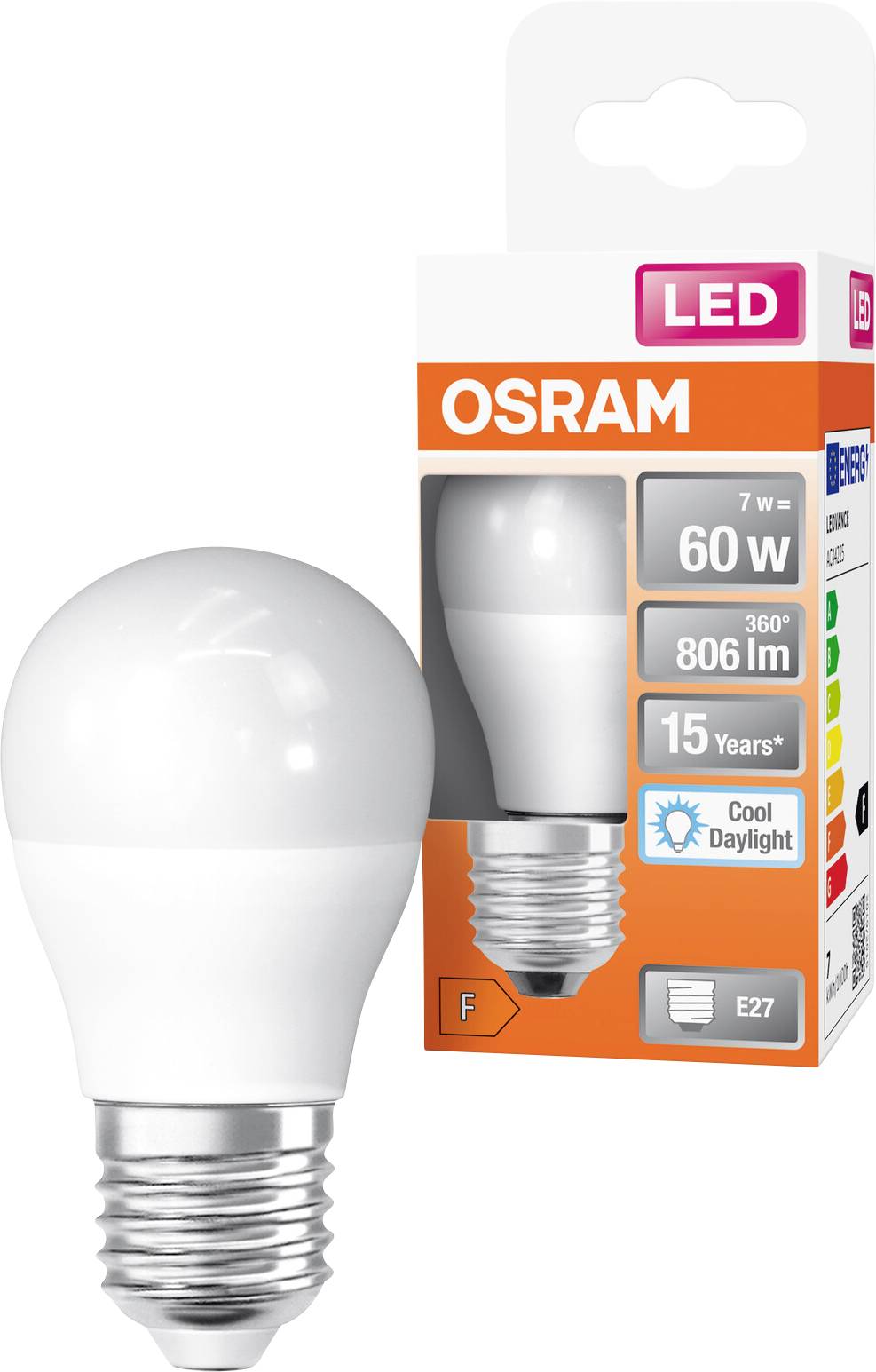 OSRAM LED-Glühbirne mit Verpackung, die 7W, 60W-Äquivalent, 806 lm, E27-Sockel und kühles Tageslicht zeigt.