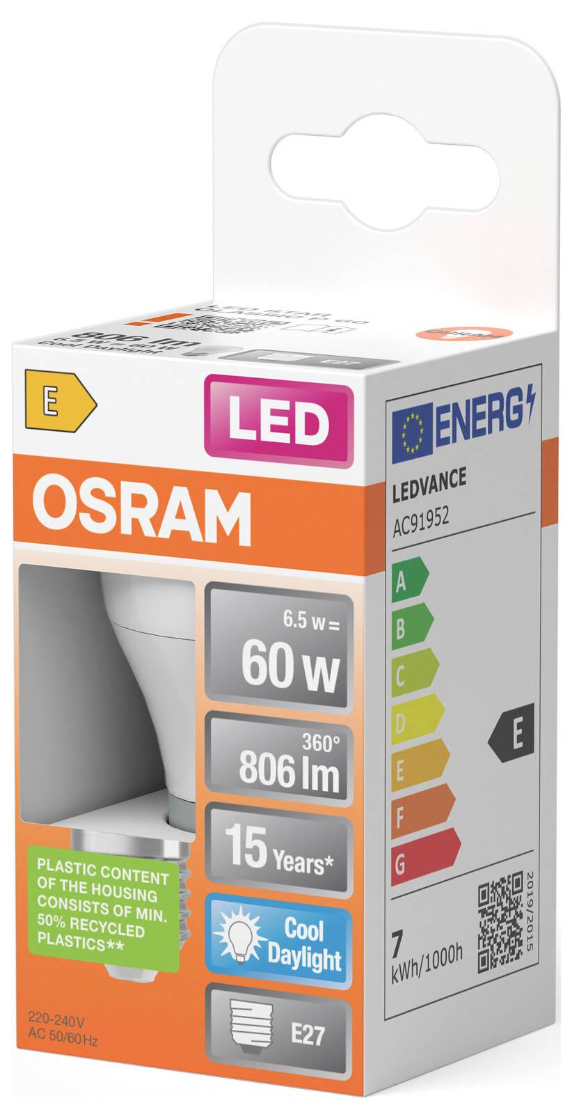 OSRAM LED-Glühbirne, 6,5W entspricht 60W, 806 lm, warmweiß, Energieklasse E, E27-Sockel, Lebensdauer 15 Jahre.