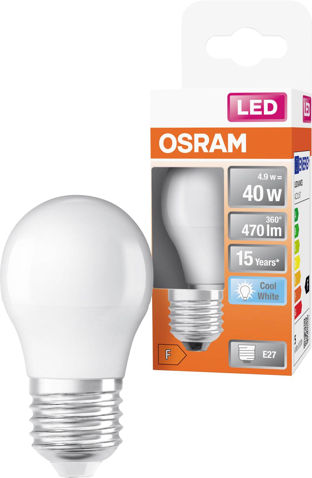 OSRAM LED-Glühbirne mit Verpackung, die eine mattierte Glühbirne und eine Schachtel mit der Aufschrift 40-W-Äquivalent, 470 lm, E27, Kaltweiß zeigt.