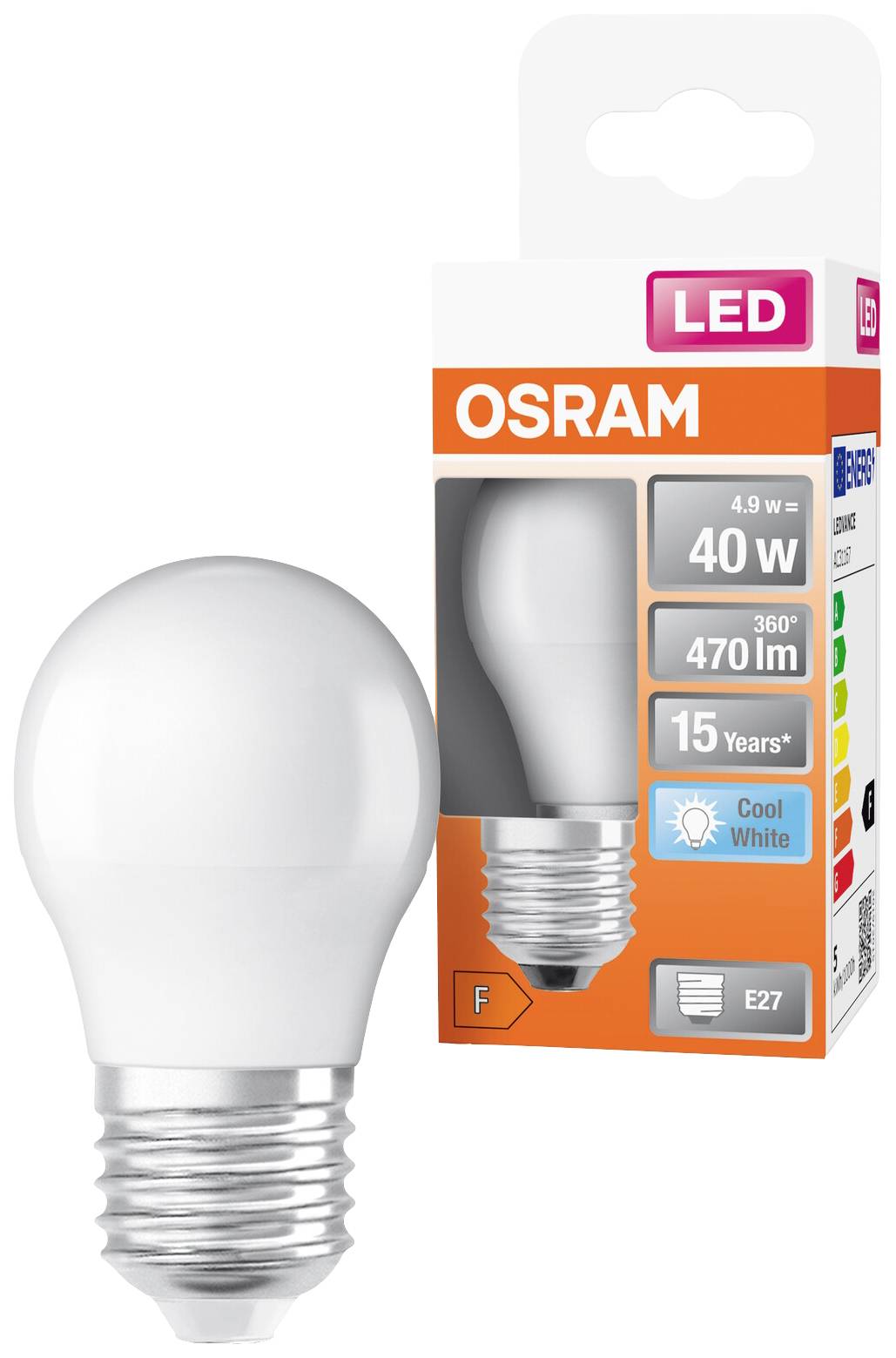 Eine LED-Glühbirne mit Verpackung der Marke Osram. Details: 40W, 470 Lumen, 15 Jahre, E27 Fassung, kühle weiße Lichtfarbe.