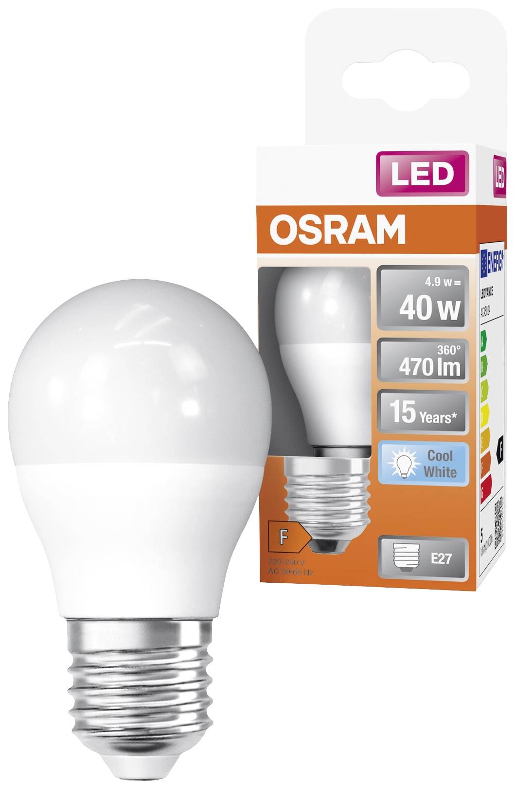 Eine LED-Glühbirne der Marke OSRAM neben einer Verpackung mit Spezifikationen: 4,9 W, 470 Lumen, 15 Jahre, E27-Fassung.
